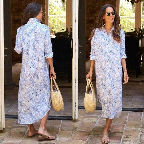 Frank & Eileen Rory Blue Floral Italian Linen Maxi Shirt Dress Size XS - Picture 1 of 8